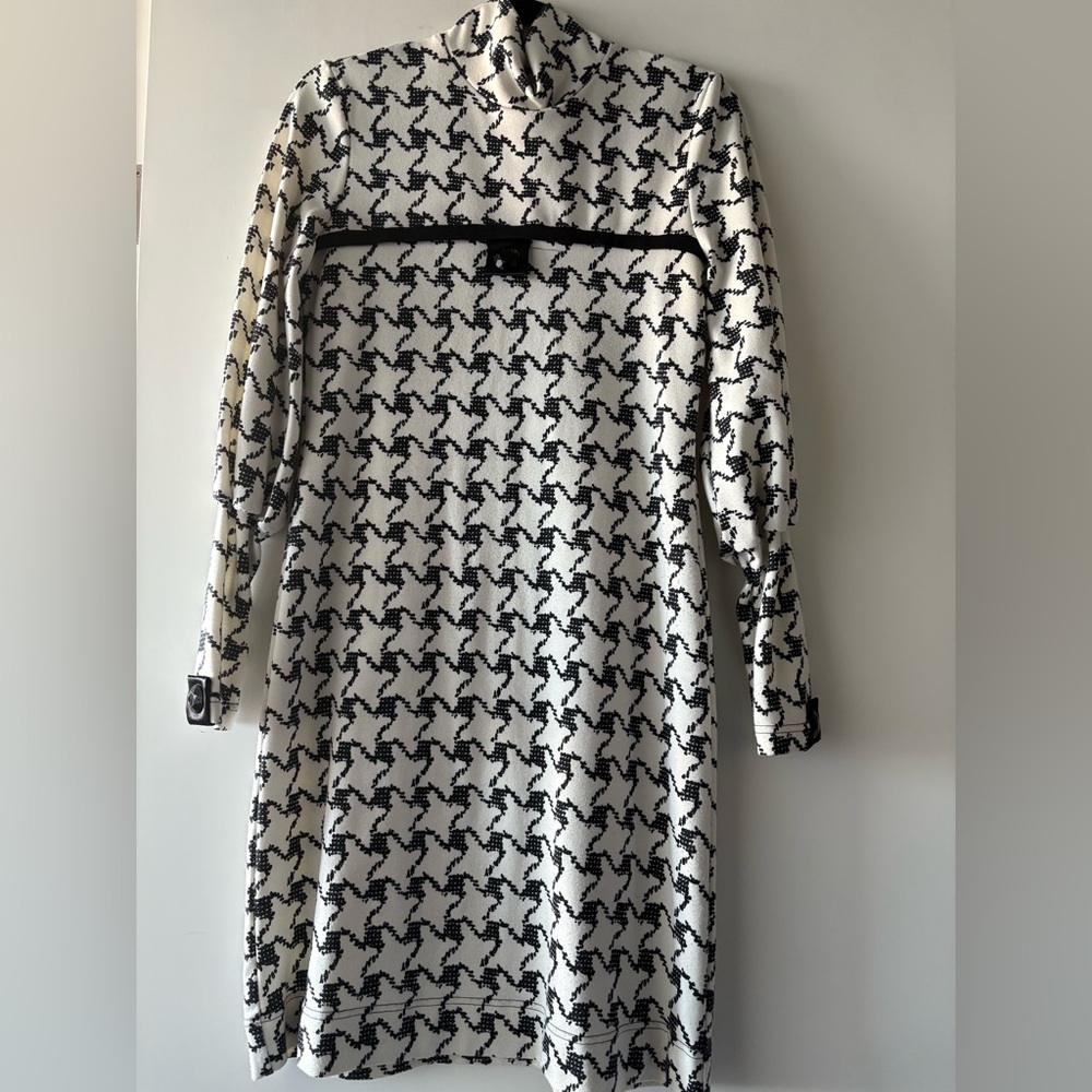 Classic Houndstooth Long Sleeve Dress - with black faceted button details